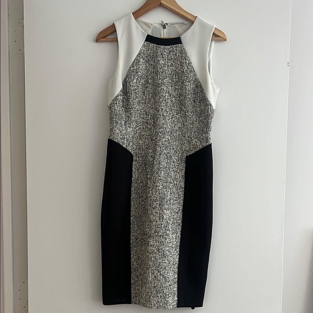 T Tahari Gray and White Sleeveless Halter Midi Dress